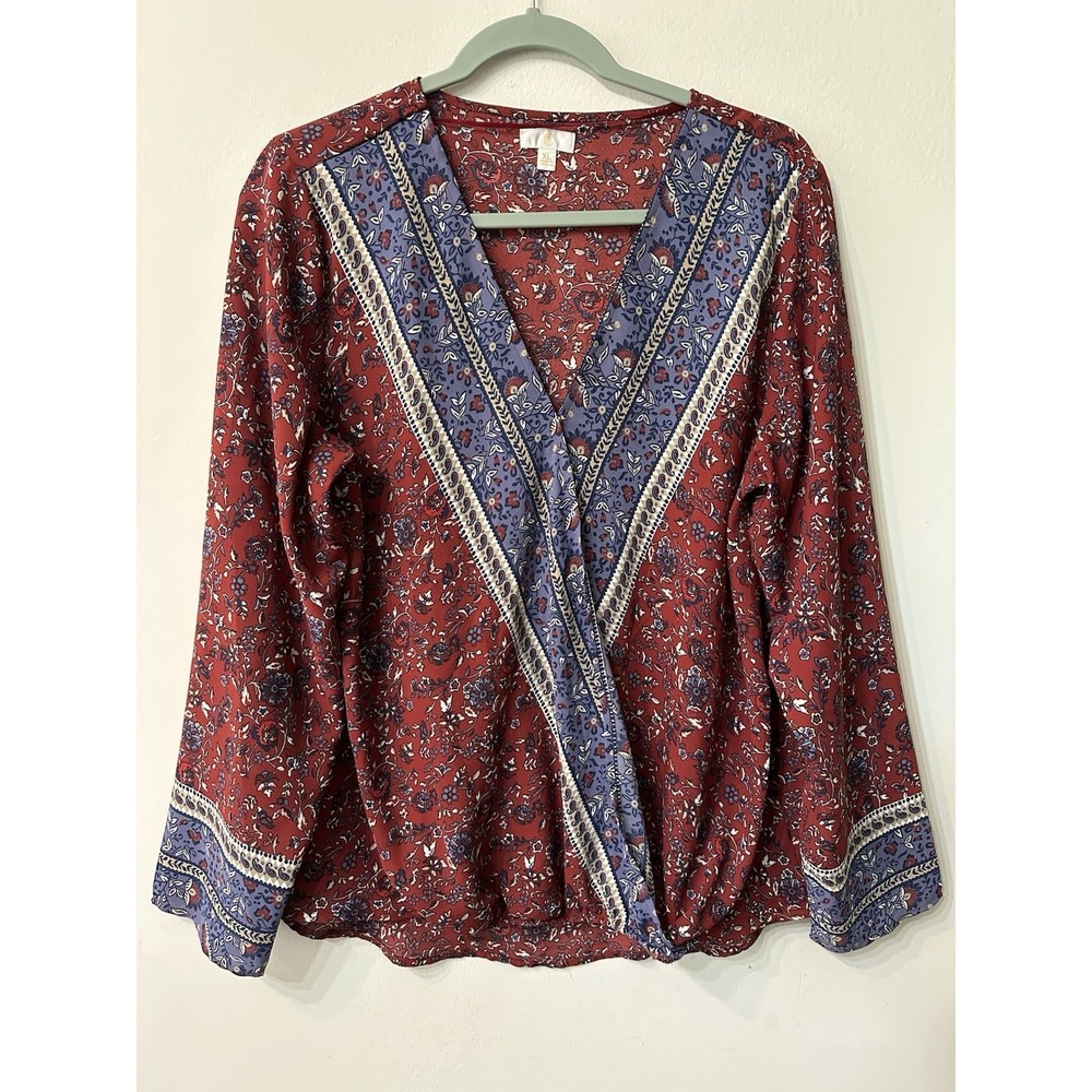 Sandy & Sid Boho Floral Wrap Blouse Women's XL Red Blue Paisley Long Sleeve Top